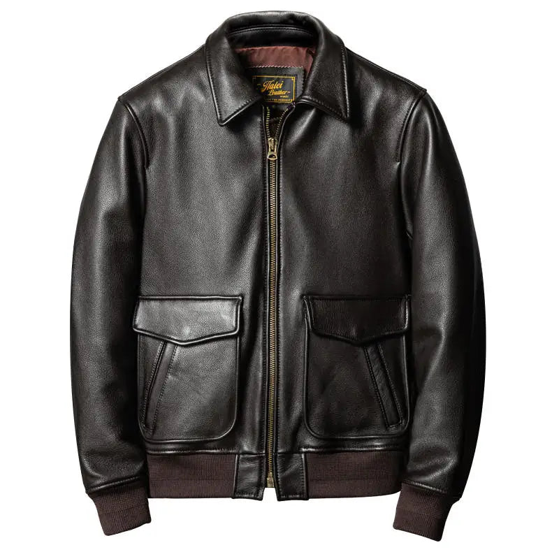 Dark Brown Autumn Leather Jacket Men Retro Style Plus Size 5XL Genuine Natural Cowhide Turn-Down Collar Military A2 Flight Coat