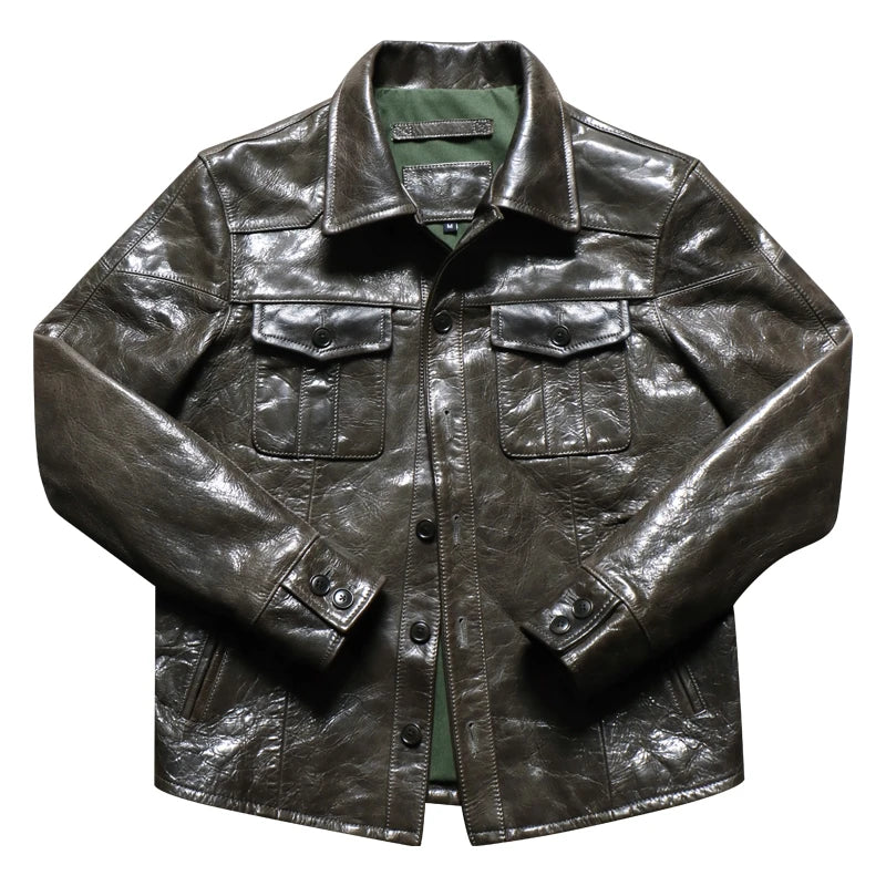 Dark Green Spring Leather Shirt Men Casual Style Plus Size 5XL Genuine Natual Sheepskin Turn-Down Collar Single Breasted Coat