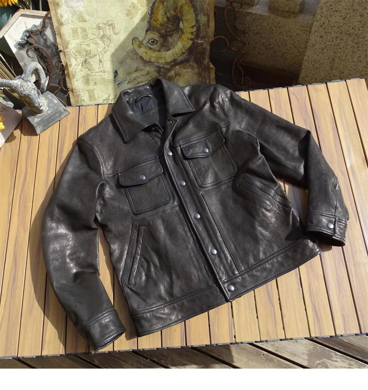 Black Autumn Leather Jacket Men Casual Style American Size Genuine Natural Sheepskin Turn-Down Collar Single Breasted Denim Coat