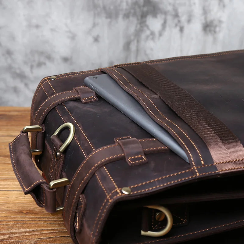 NZPJ Vintage Genuine Leather Men's Shoulder Bag Top Layer Cowhide Crossbody Bag Crazy Horse Leather Handheld Briefcase Laptops