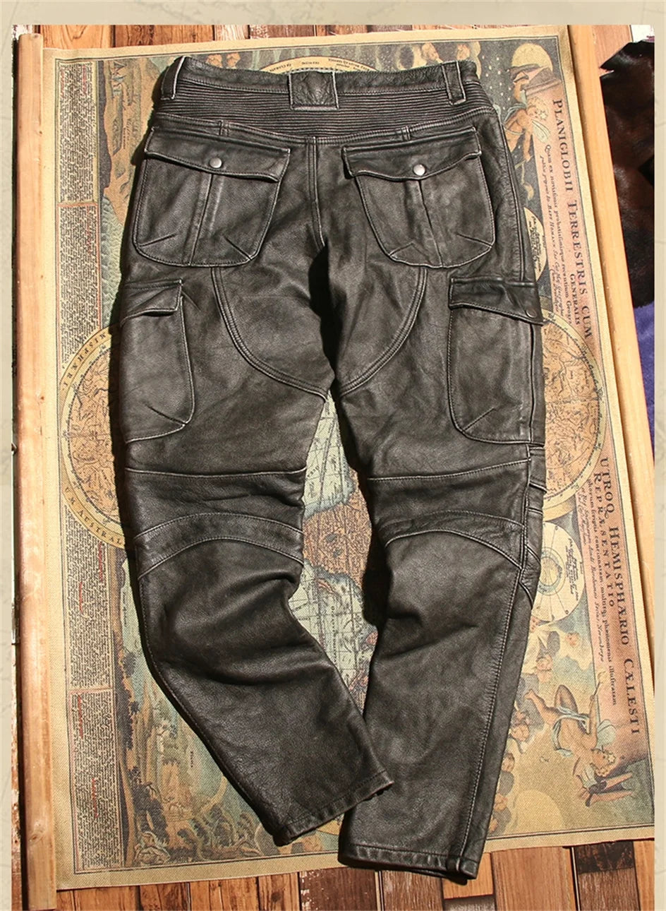 Retro Black Winter Leather Trousers Men Vintage Style Genuine Natural Cowhide Can Add Motorcycle Protection Device Leather Pants