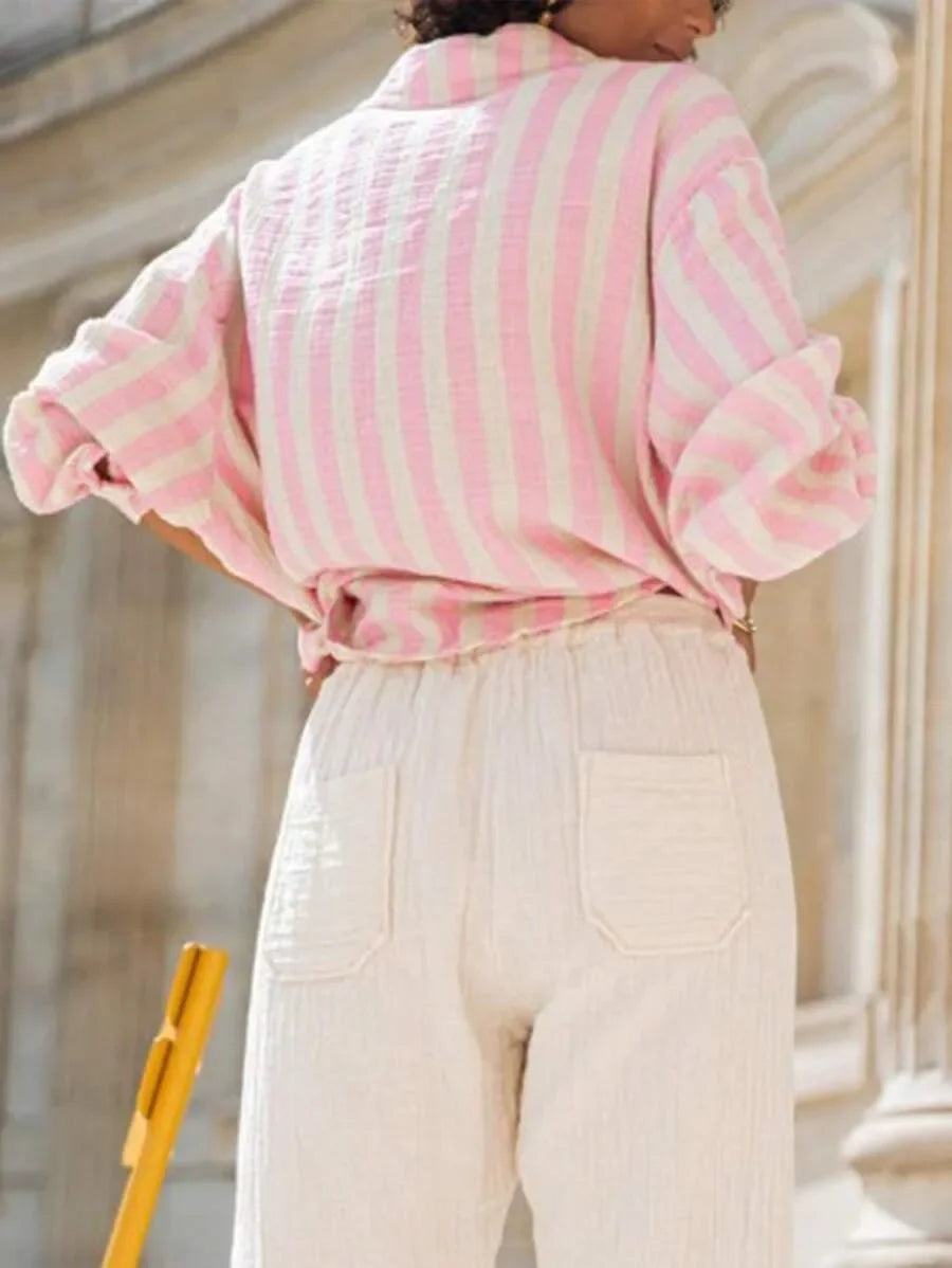 Women's Long Sleeve Button Cardigan Striped Shirt Slim Fit Polo Collar Full Length Autumn Winter New Style Cross Border Independ