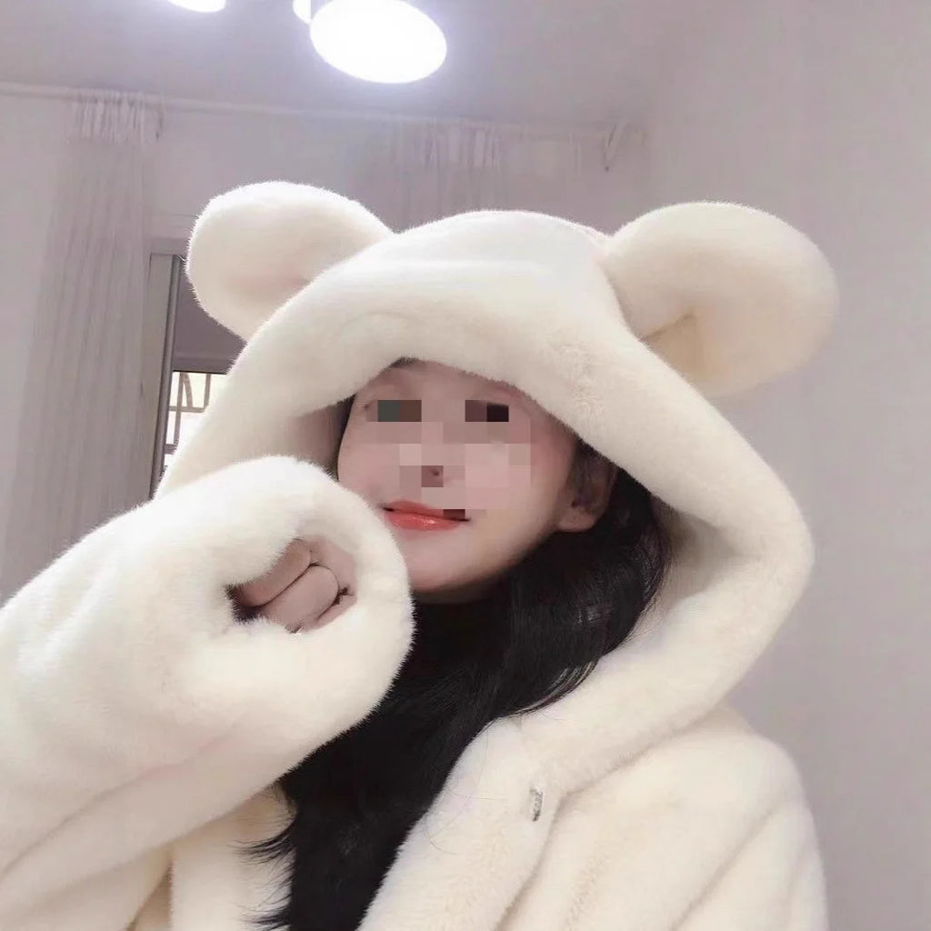 Autumn Winter Thickened Bear Ear Hooded Coat Women's Fashionable Fluffy Simulation Fur Jacket Cute Long-Line Casual Outfit