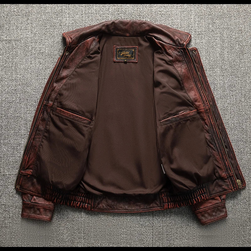 Wine Red Leather Jacket Men Vintage Style Plus Size 5XL Genuine Natural Cowhide Turn-Down Collar Retro Flight Coat