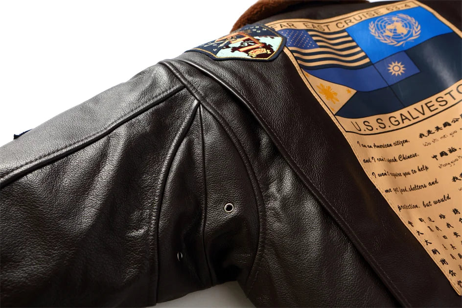 Black Winter Leather Jacket Men Retro Style Europe Size Genuine Natural Thick Cowhide Turn-Down Collar G1 Flight Coat