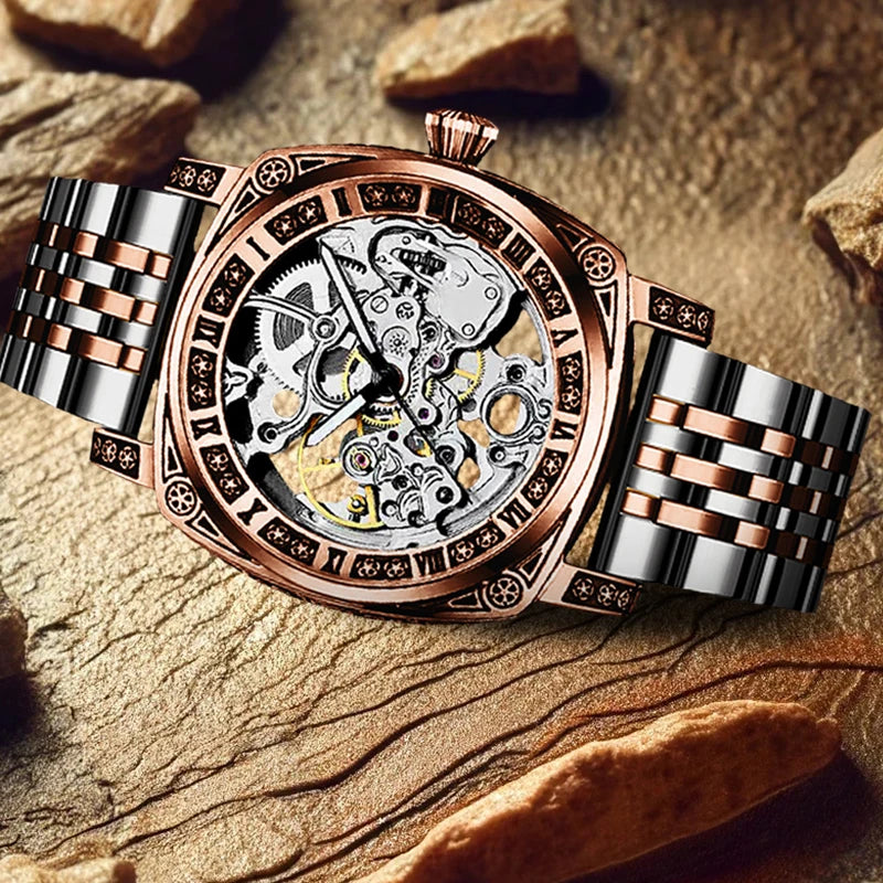 A men's fashion gentlemen's elegant pentagram rose gold and steel mechanical watch