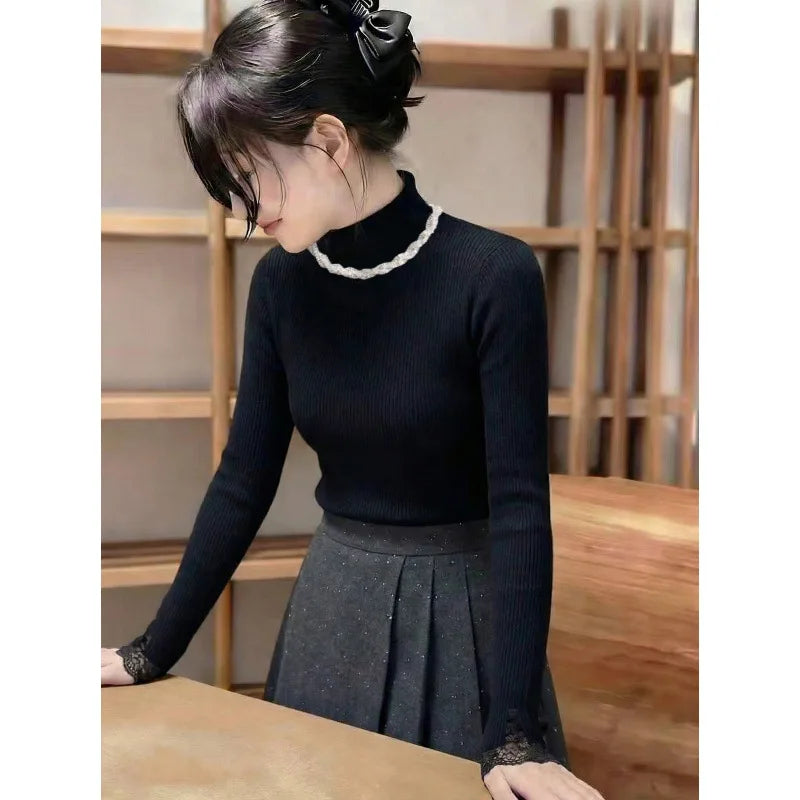French Elegant Lace Splice Diamond Collar Knitted Sweater Women's Autumn Winter Slim Fit Base Shirt Long Sleeve Knitwear