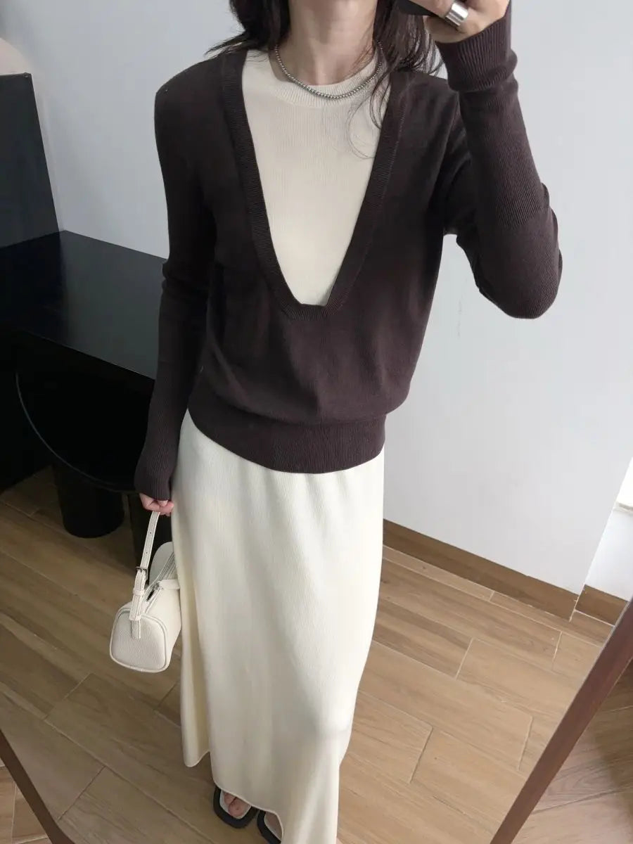 Andy Velvet Washed Large U-Neck Layered Slim Fit Knitwear Design Sensation Color Block Autumn Winter Top Polo Collar Sleeveless