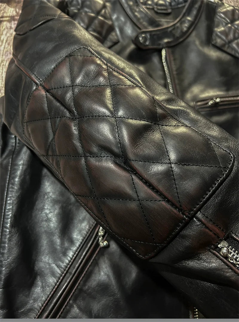 Black Winter Leather Jacket Men Vintage Style Plus Size 5XL Genuine Natural Cowhide Stand Collar Slim Fit Leather Coat
