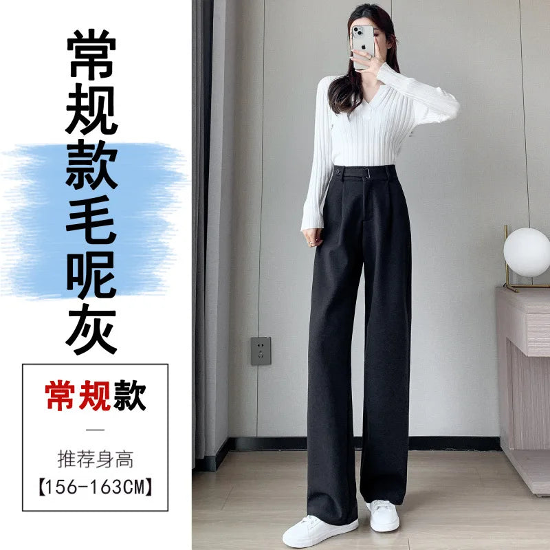 Thickened Fleece Lined Winter Wide Leg Pants High Waist Floor Length Straight Cut Casual Trousers for Women Woolen Suiting