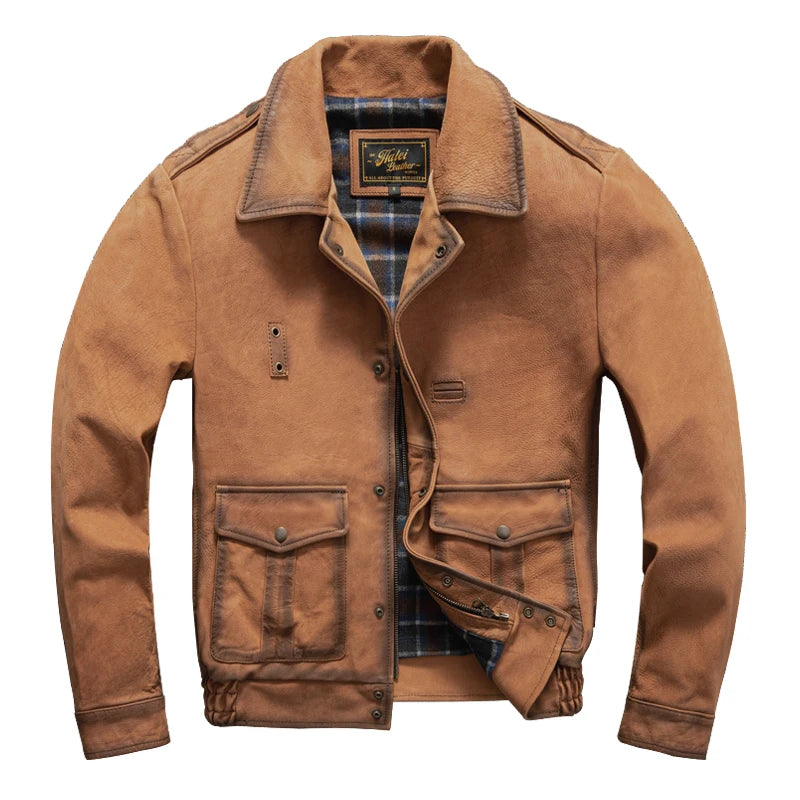Orange Winter Leather Jacket Men Vintage Style Plus Size 5XL Genuine Natural Cowhide Turn-Down Collar Retro Mounted Police Coat