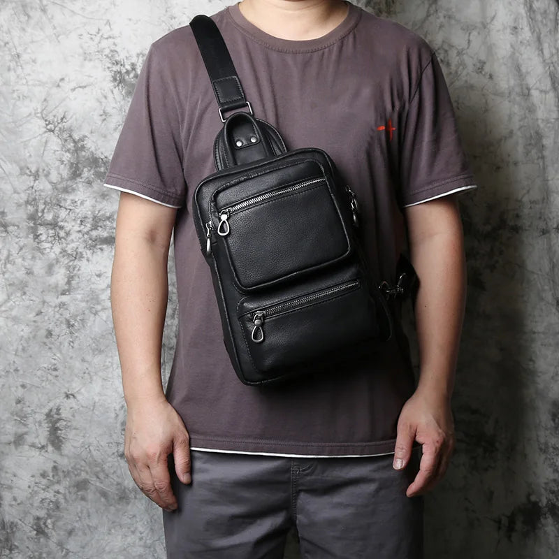 NZPJ New Men's Leather Chest Bag Large-Capacity Trend Single Shoulder Bag Casual First Layer Cowhide Messenger Bag 10 Inch Ipad