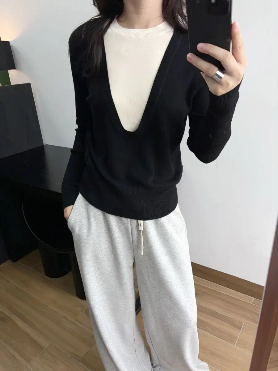 Andy Velvet Washed Large U-Neck Layered Slim Fit Knitwear Design Sensation Color Block Autumn Winter Top Polo Collar Sleeveless
