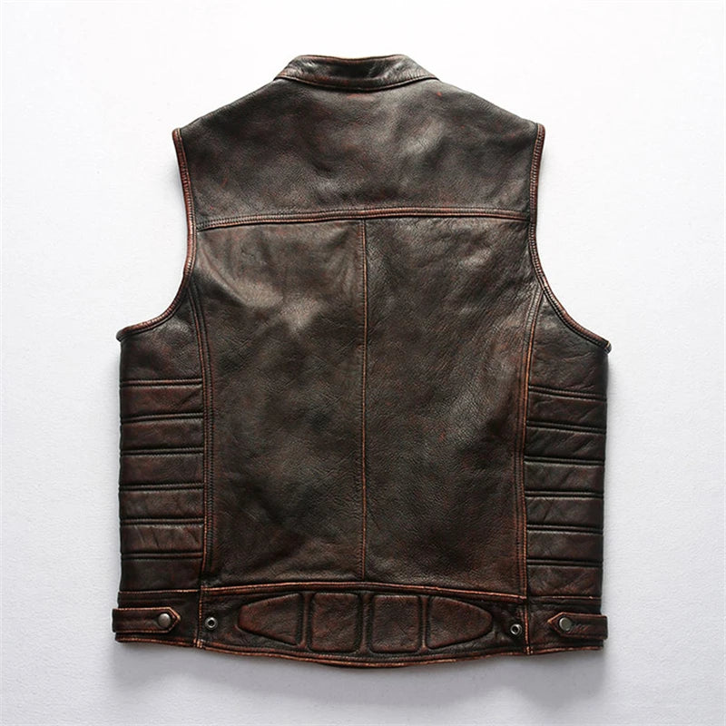 Red Brown Spring Leather Vest Men Retro Style Plus Size 4XL Genuine Natural Cowhide Stand Collar Motorcycle Sports Rivets Vest