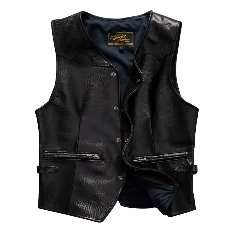 Black Spring Leather Vest Men Casual Style Plus Size 5XL Genuine Natural Sheepskin Single Breasted Short Sleeveless Coat