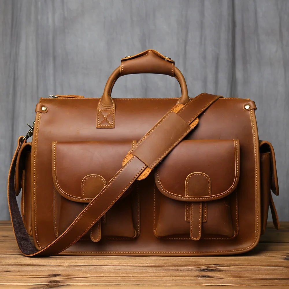 NZPJ Retro Genuine Leather Men's Briefcase Top Layer Cowhide Handbag  Crazy Horse Leather   Crossbody Bag For 16 Inch Laptops