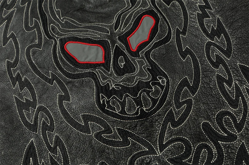 Black Spring Leather Vest Men Skull Embroidery Retro Style Plus Size 5XL Genuine Natural Cowhide Single Breasted Sleeveless Coat