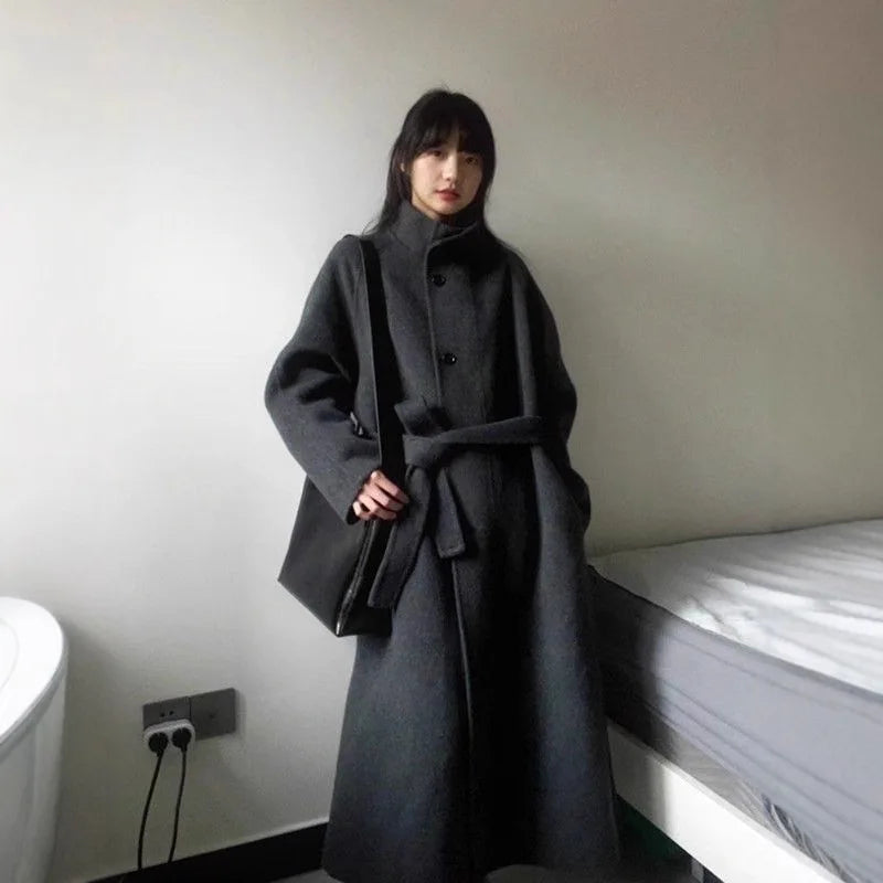 Plus Size Gray Woolen Coat Korean Minimalist Style Women's Medium Length Loose Fit Autumn Winter New Arrival Fashion Outerwear
