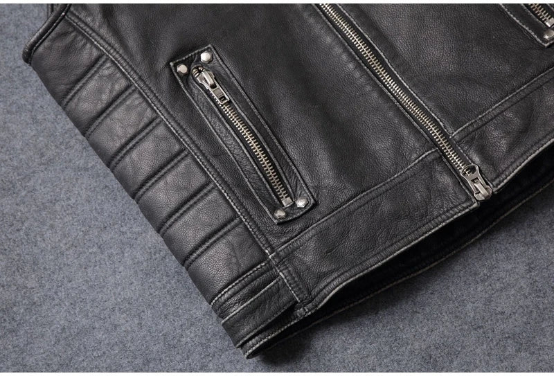 Black Four Seasons Leather Vest Men Vintage Style Plus Size 4XL Genuine Natural Cowhide Stand Collar Rivets Vest
