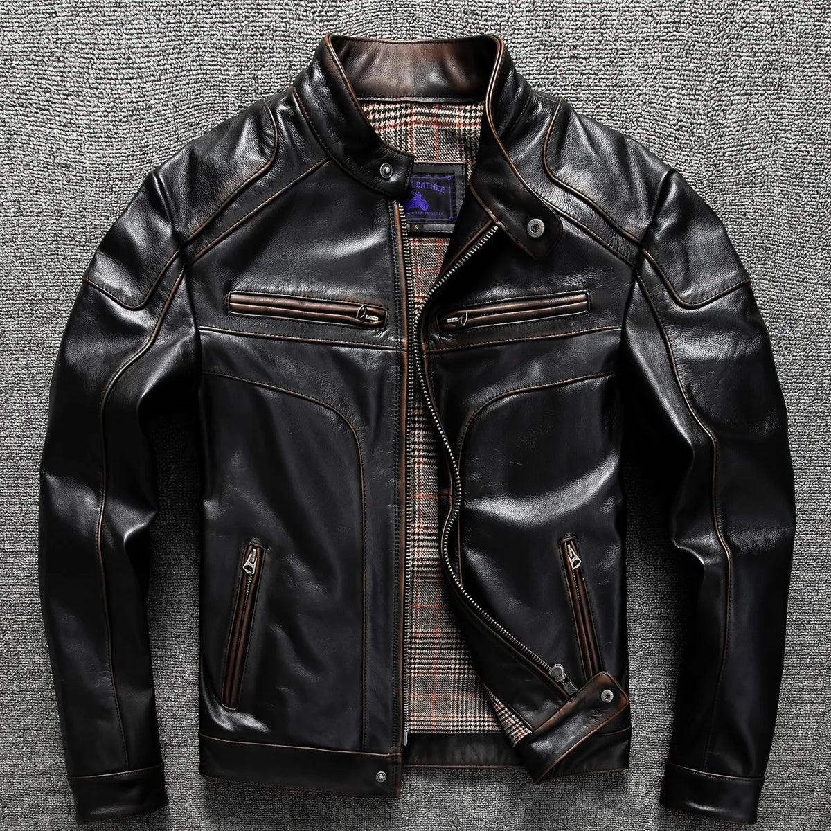 Black Autumn Leather Jacket Men Retro Style Plus Size 6XL Genuine Natural Cowhide Stand Collar Motorcycle Sports Vintage Coat