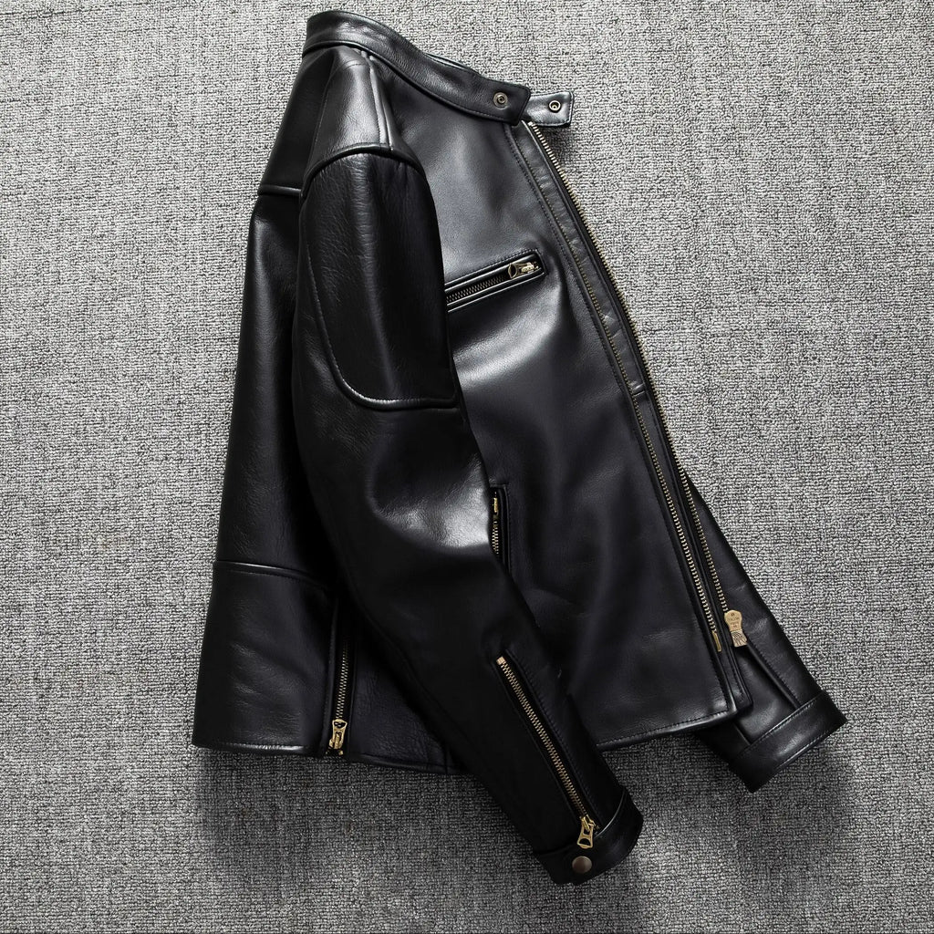 Black Autumn Leather Jacket Men Retro Style Plus Size 6XL Genuine Natural Cowhide Stand Collar J100 Motorcycle Sports Coat