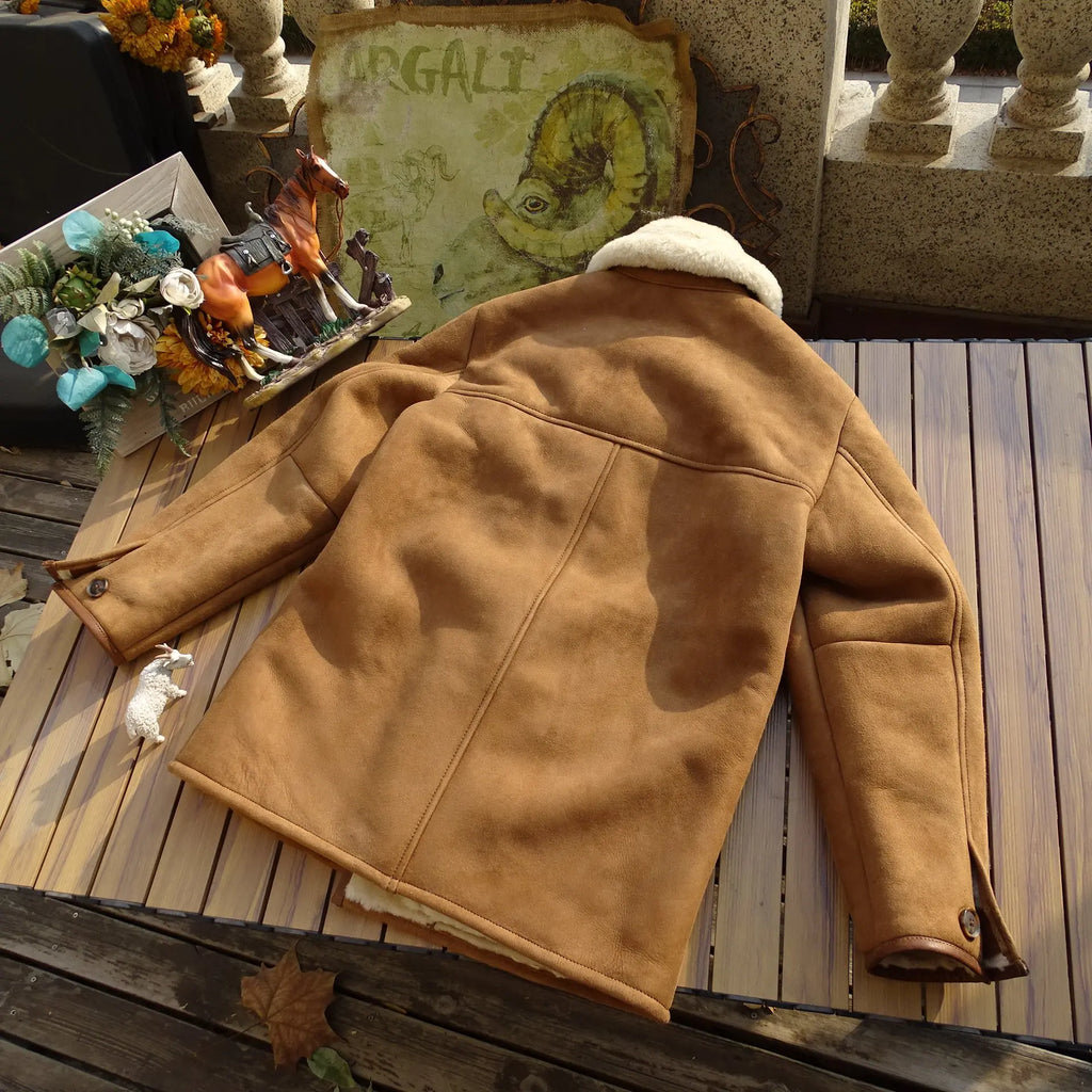 Light Brown Winter Shearling Jacket Men Casual Style Plus Size 4XL Genuine Natural Thick Sheepskin Warm Single Breasted Coat