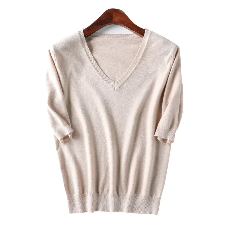 Spring Autumn New Style V-Neck Thin Knitted Loose Short Sleeve Women's T-Shirt Thin Summer Top Comfortable Base Layer Shirt