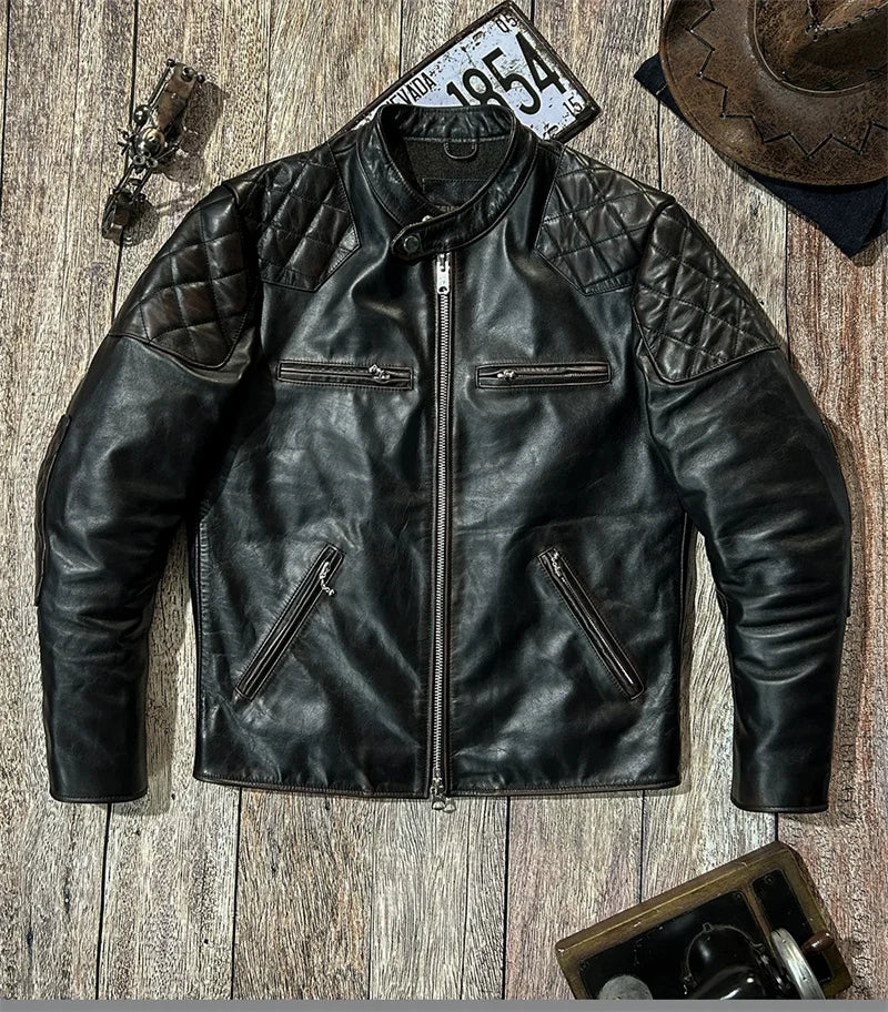 Black Winter Leather Jacket Men Vintage Style Plus Size 5XL Genuine Natural Cowhide Stand Collar Slim Fit Leather Coat