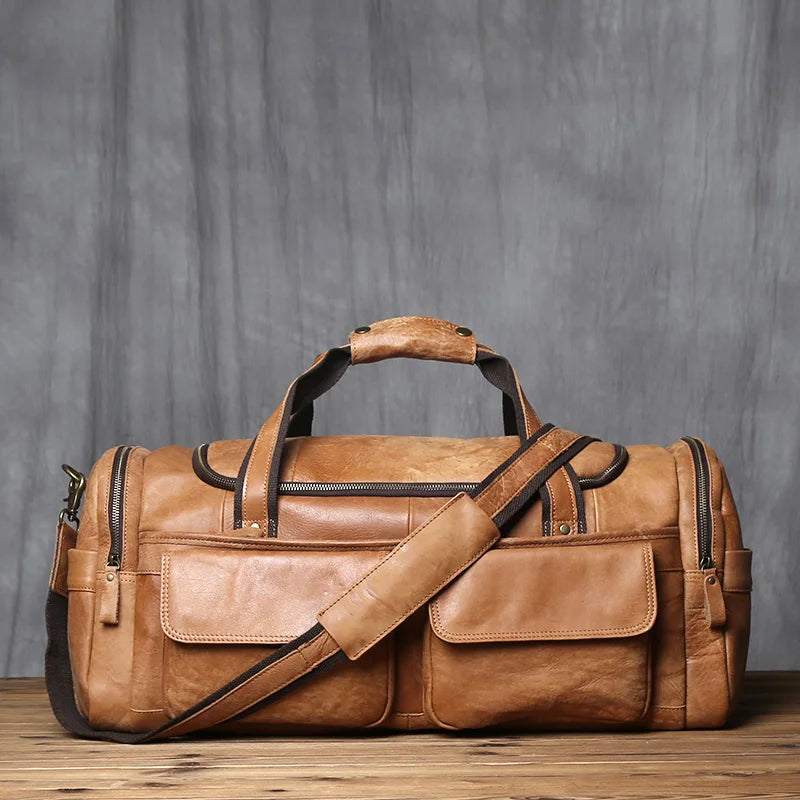 Retro Men's Hand Luggage Bag Leather Travel Bag Top Layer Cowhide Large Capacity One Shoulder Messenger Bag Casual Laptop NZPJ