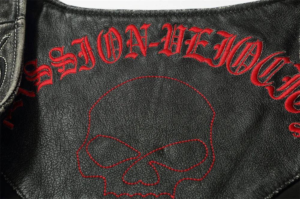 Black Spring Leather Vest Men Skull Embroidery Retro Style Plus Size 5XL Genuine Natural Cowhide Single Breasted Sleeveless Coat