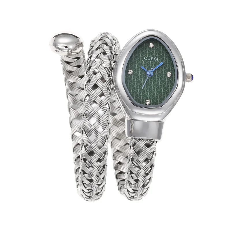 4pc Ladies Silver Woven Stainless Steel Elegant Rhinestone Green Dial Watch & Bracelet Gift Set for Daily Use, Gifting