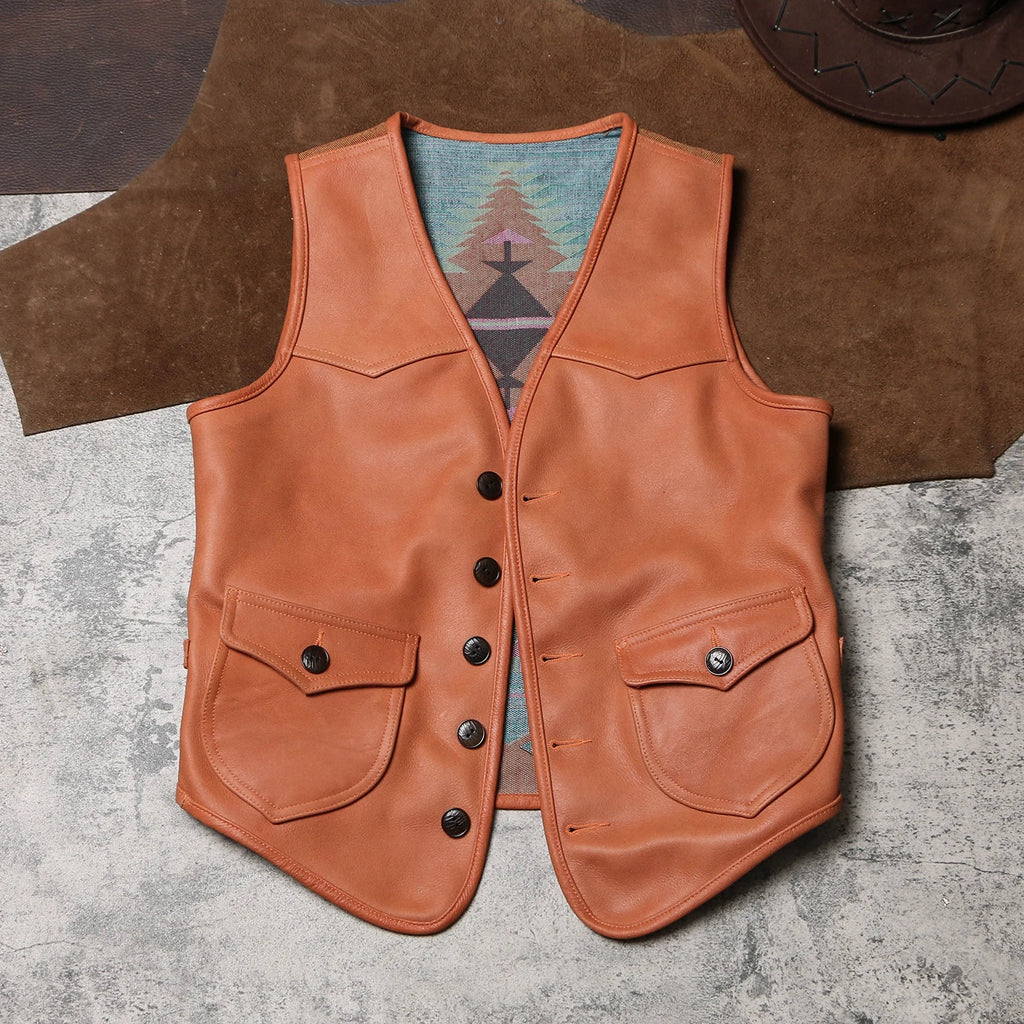 Orange Autumn Leather Vest Men Retro Style Plus Size 5XL Genuine Natural Cowhide Short Single Breasted Sleeveless Spliced Coat