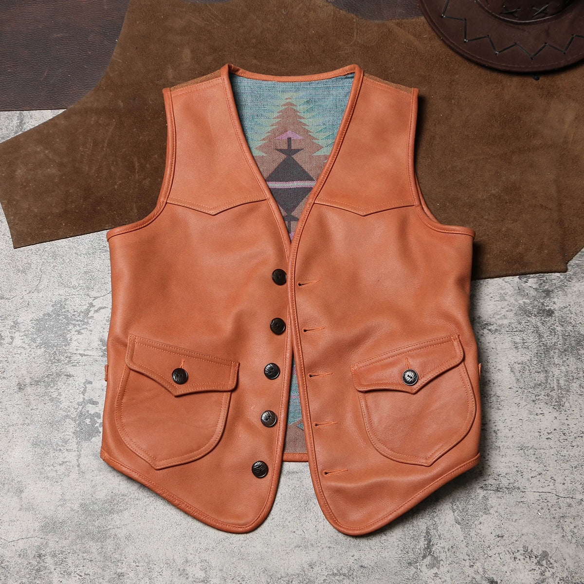 Orange Autumn Leather Vest Men Retro Style Plus Size 5XL Genuine Natural Cowhide Short Single Breasted Sleeveless Spliced Coat