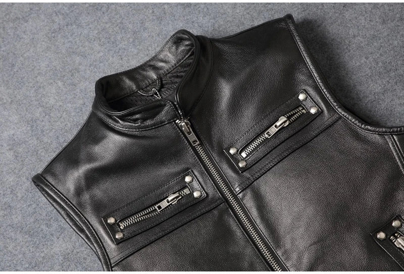 Black Four Seasons Leather Vest Men Vintage Style Plus Size 4XL Genuine Natural Cowhide Stand Collar Rivets Vest