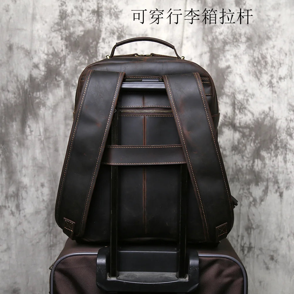 NZPJ Vintage Genuine Leather Men's Backpack Top-Grain Cowhide Business Laptop Bag Crazy Horse Leather Travel Bag For Business