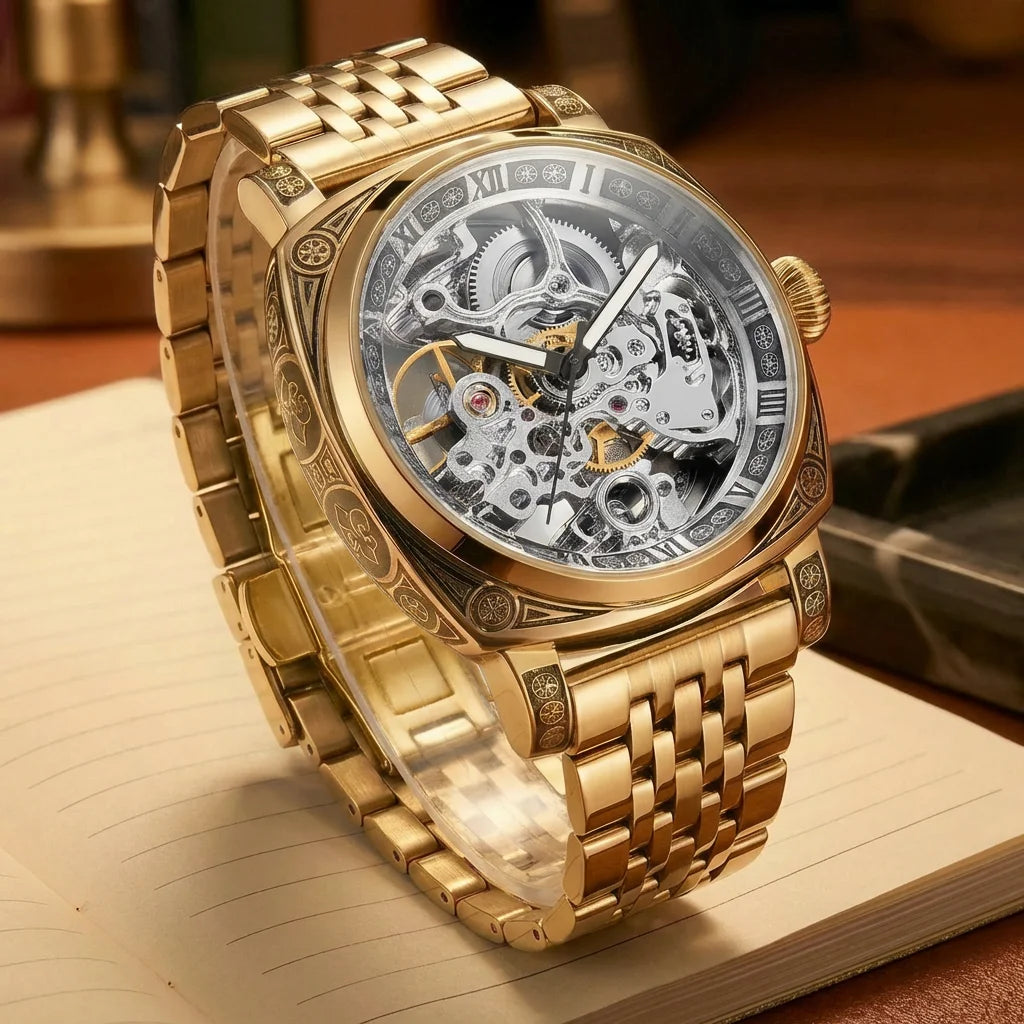 A men's fashion gentlemen's elegant pentagram rose gold and steel mechanical watch