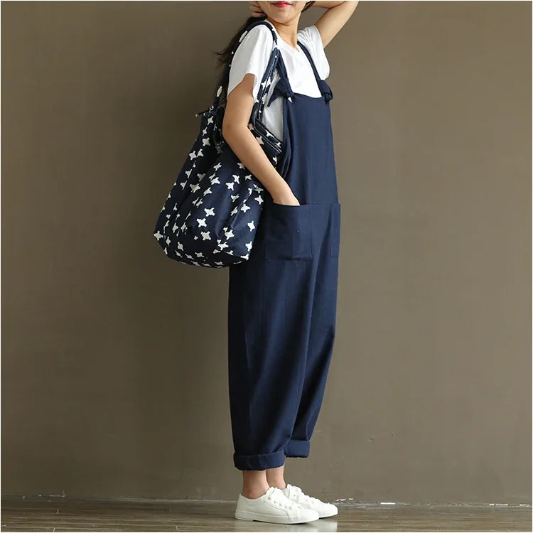 Artistic Vintage Deep Blues Cotton Strap Casual Trousers Women's 1701 European American Style