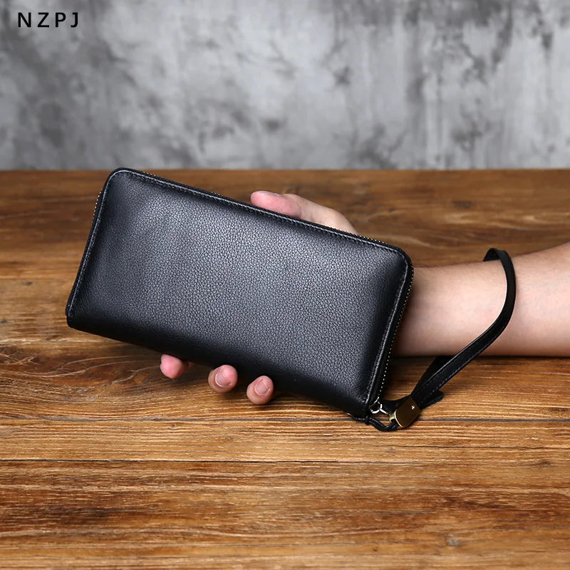 NZPJ Men's New Genuine Leather Clutch Bag Top Layer Cowhide Phone Bag Multi-Slot Wallet Coin Purse Women's Card Bag