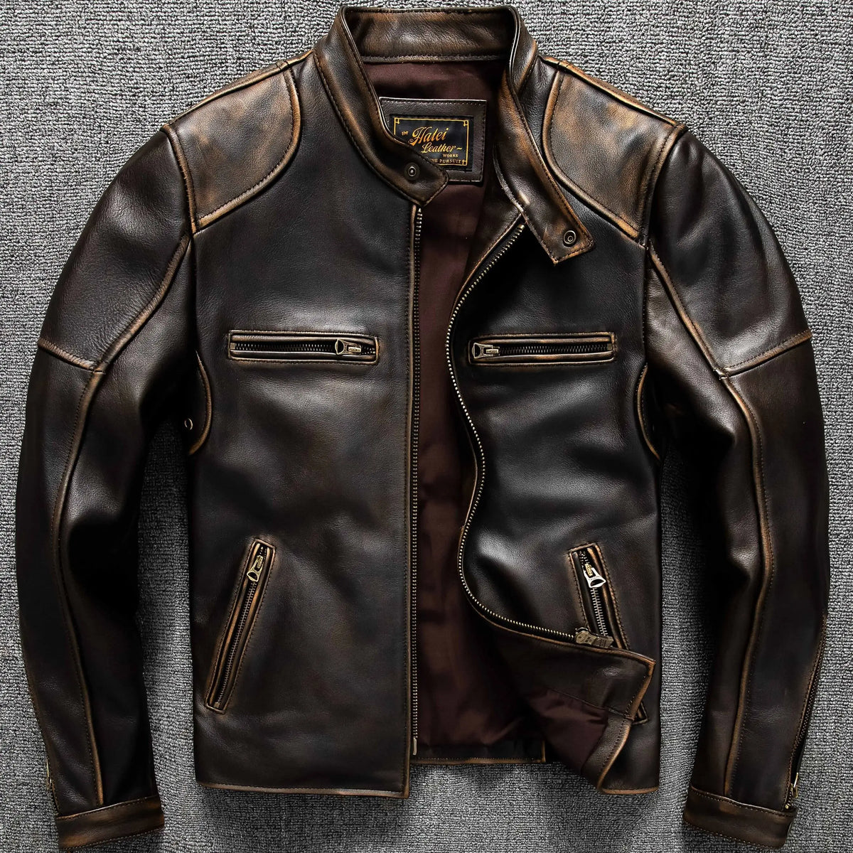 Dark Brown Autumn Leather Jacket Men Retro Style Plus Size 6XL Genuine Natural Cowhide Stand Collar J100 Motorcycle Sports Coat