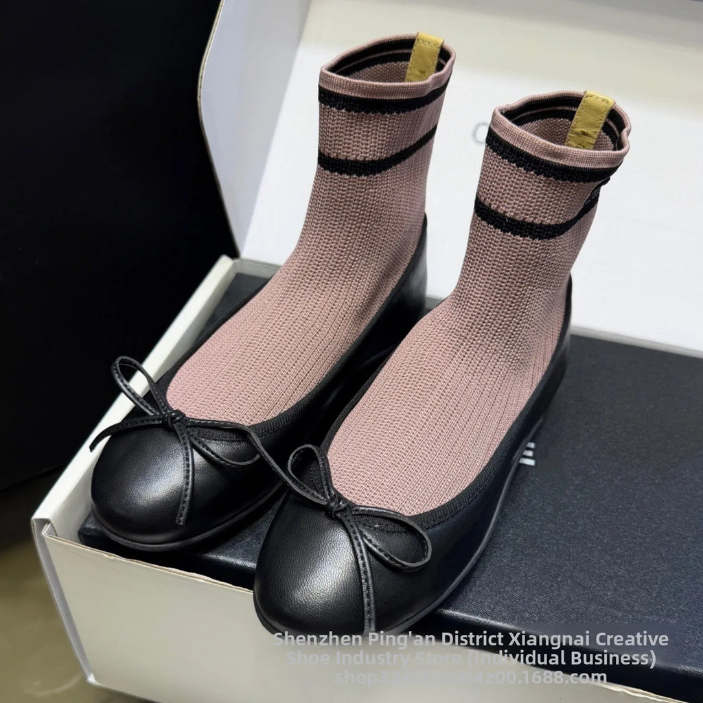 Elegant Mary Jane Shoes Women's Casual Butterfly Knot Elastic Slim Boots French Ballet Style Splicing Breathable Waterproof
