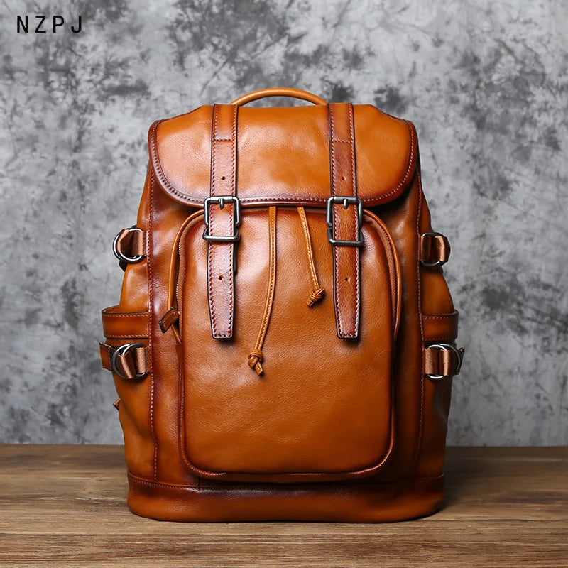 NZP Retro Leather Men's Backpack European and American Fashion Travel Bag Top Layer Cowhide Casual School Bag Laptop Bag