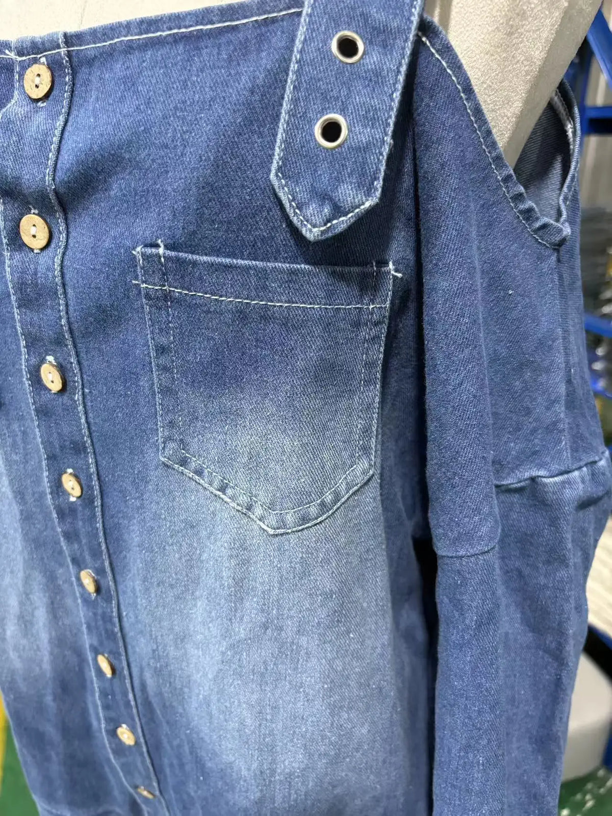 Sexy Fashion Shoulder Bared Denim Overalls with Pockets Wide Leg Street Style Loose Waist Cotton Blend Polyester Blend