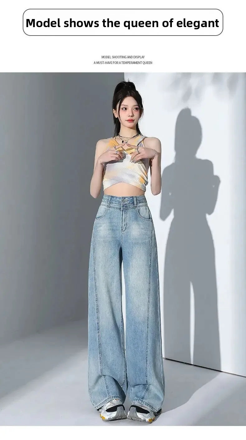 American Style High Waist Loose Women's Blue Jeans Retro Straight Leg Pants Drapey Floor-Length Trousers Versatile Wide Leg Pant