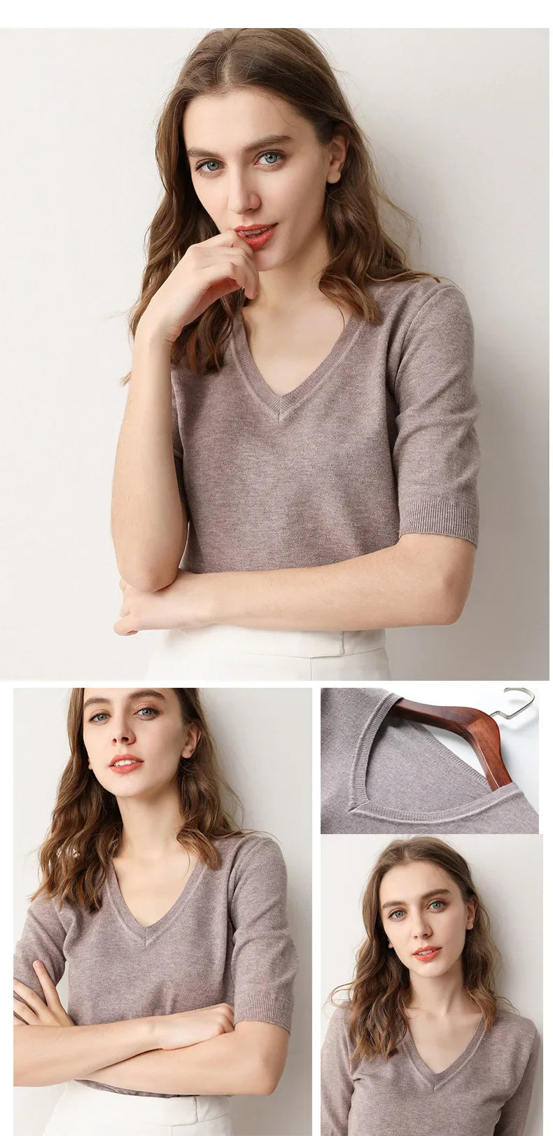 Spring Autumn New Style V-Neck Thin Knitted Loose Short Sleeve Women's T-Shirt Thin Summer Top Comfortable Base Layer Shirt