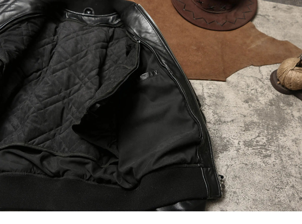 Black Winter Leather Jacket Men Military Style Plus Size 5XL Genuine Natural Sheepskin Thick Warm MA1 Flight Leather Coat