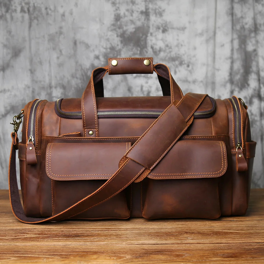 NZPJ Retro Men's Genuine Leather Travel Bag Crazy Horse Leather Large Capacity  Crossbody  Top-Grain Leather Handbag
