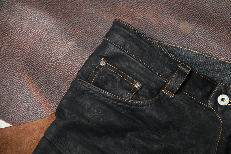 Black Spring Leather Trousers Men Retro Style Plus Size 4XL Genuine Natural Sheepskin Add Protection Device Motorcycle Pants