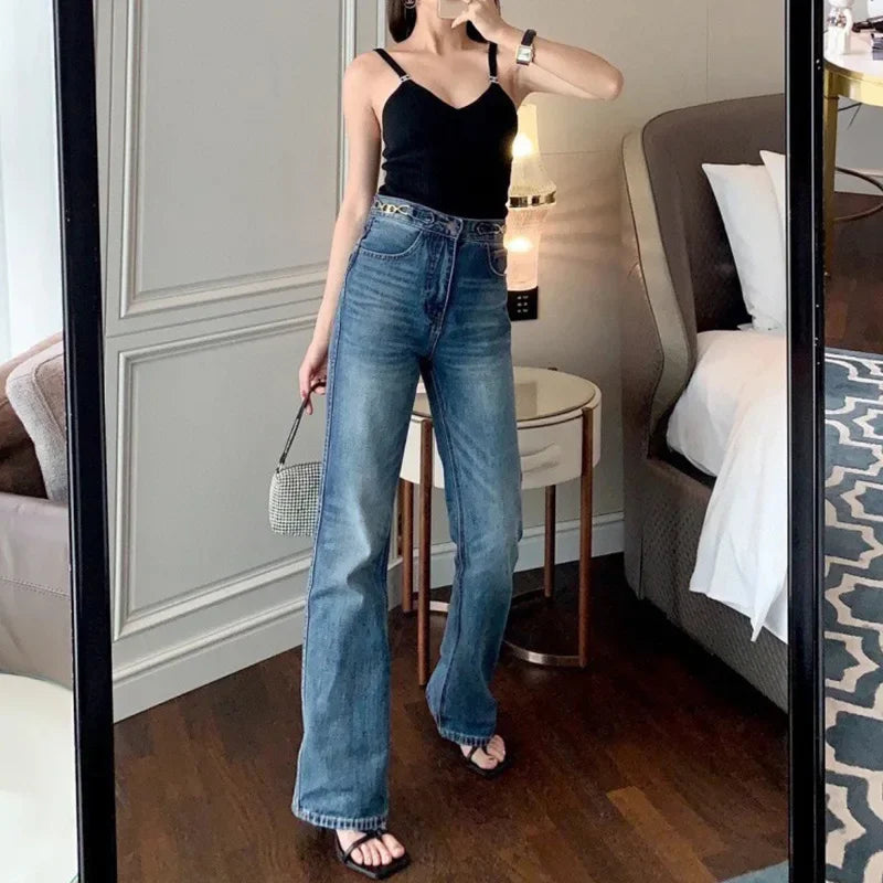 Elegant High-Waisted Slimming Jeans Trendy European And American Style Yellow Flower Cotton Chain Washing Denim Pants
