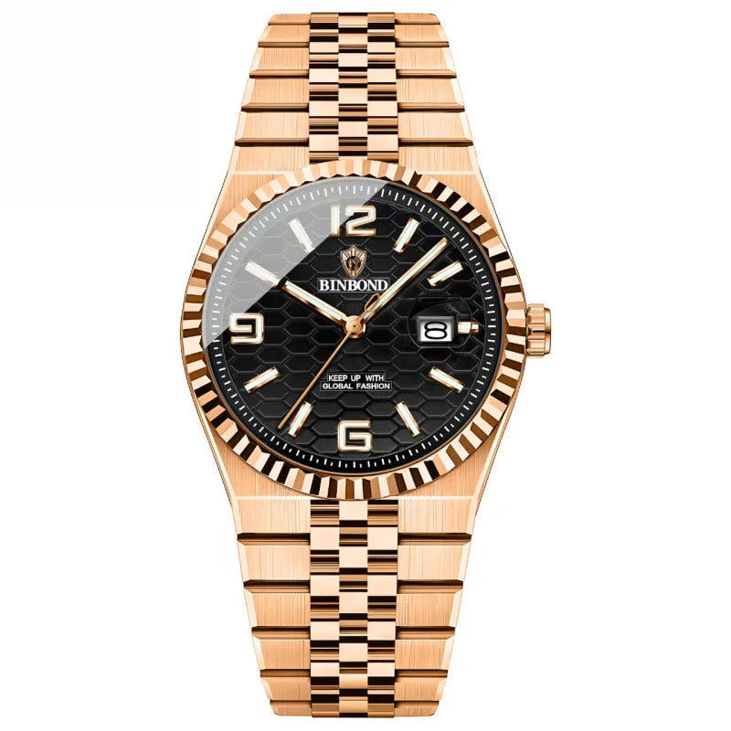 4pcs Men's Rose Gold & Black Metal Strap Luxury Honeycomb Dial Fluted Bezel Sunglasses & Perfume Quartz Watch Gift Set Birthday