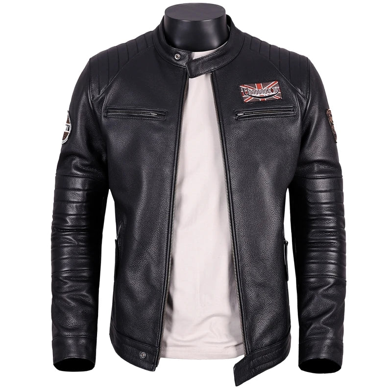 Black Autumn Leather Jacket Men Sports Style Plus Size 5XL Genuine Natural Cowhide Stand Collar Slim Fit Short Coat